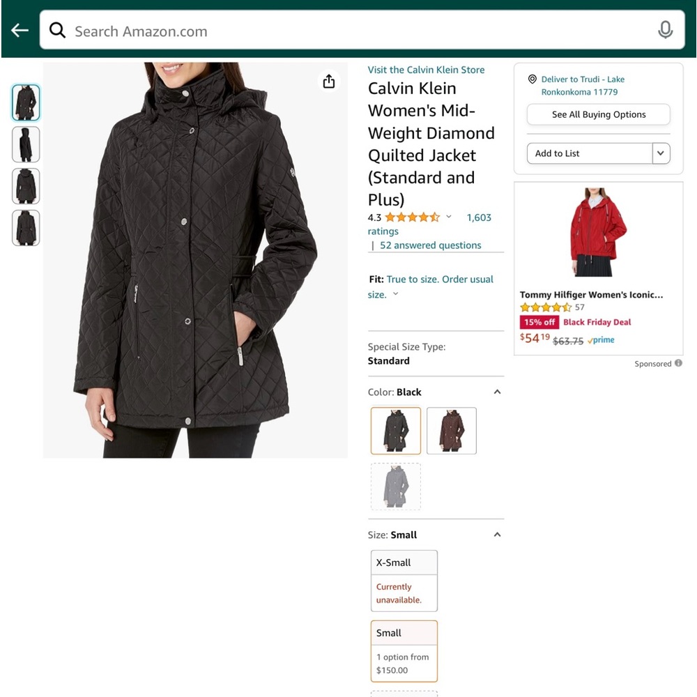 Calvin Klein Women’s Mid-Weight Diamond Quilted Jacket NWT, S, Black.